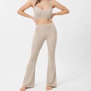 Garage Ribbed Knit Flare Leg lounge pants Tan Beige XS